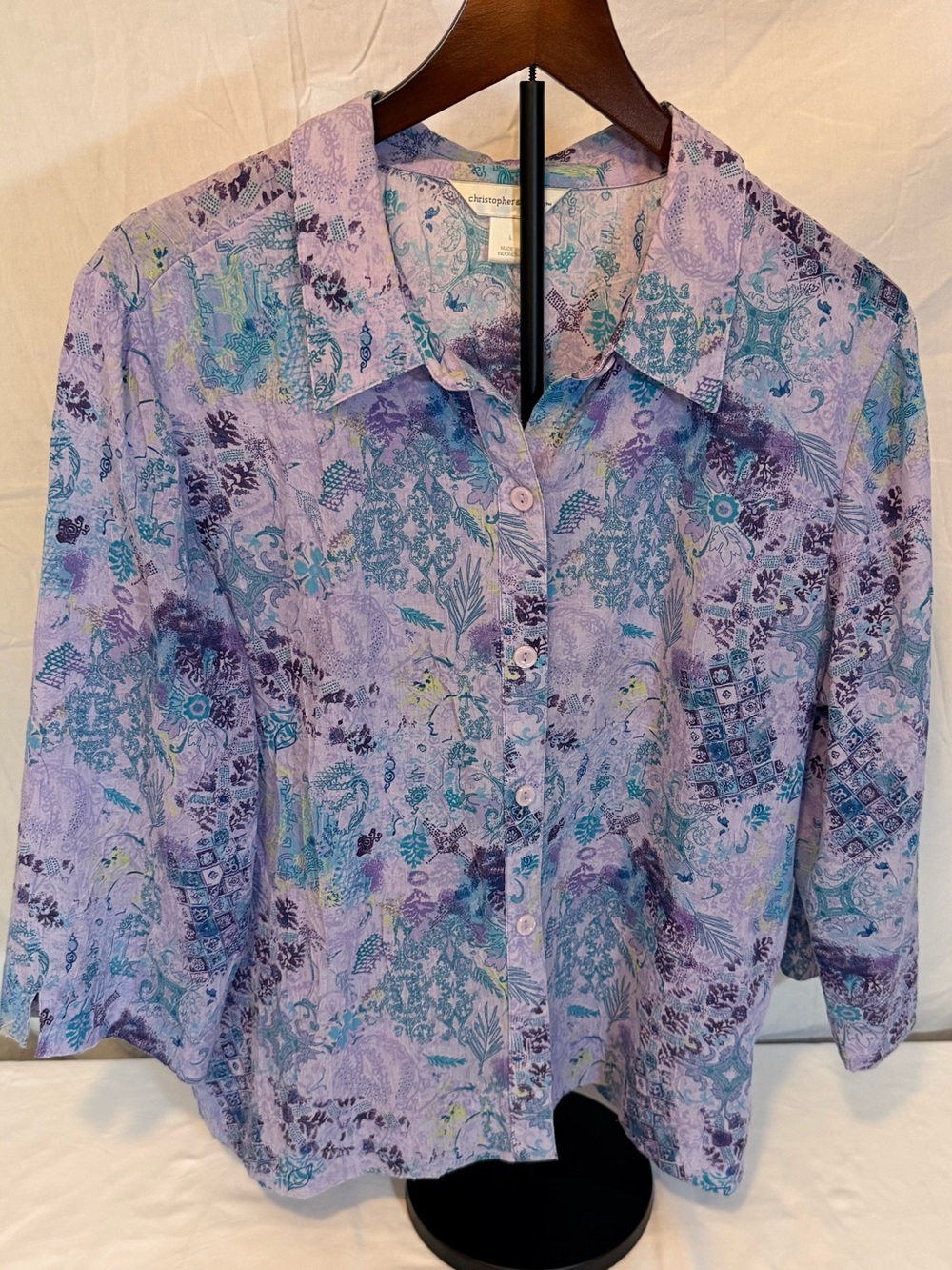 Christopher & Banks Lavender Floral Button-Down Shirt Size Large (KK6)